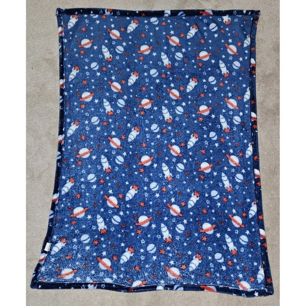 Zak & Zoey Blue Fleece Baby Blanket Rocket Spaceship Star Planet Red White SOFT